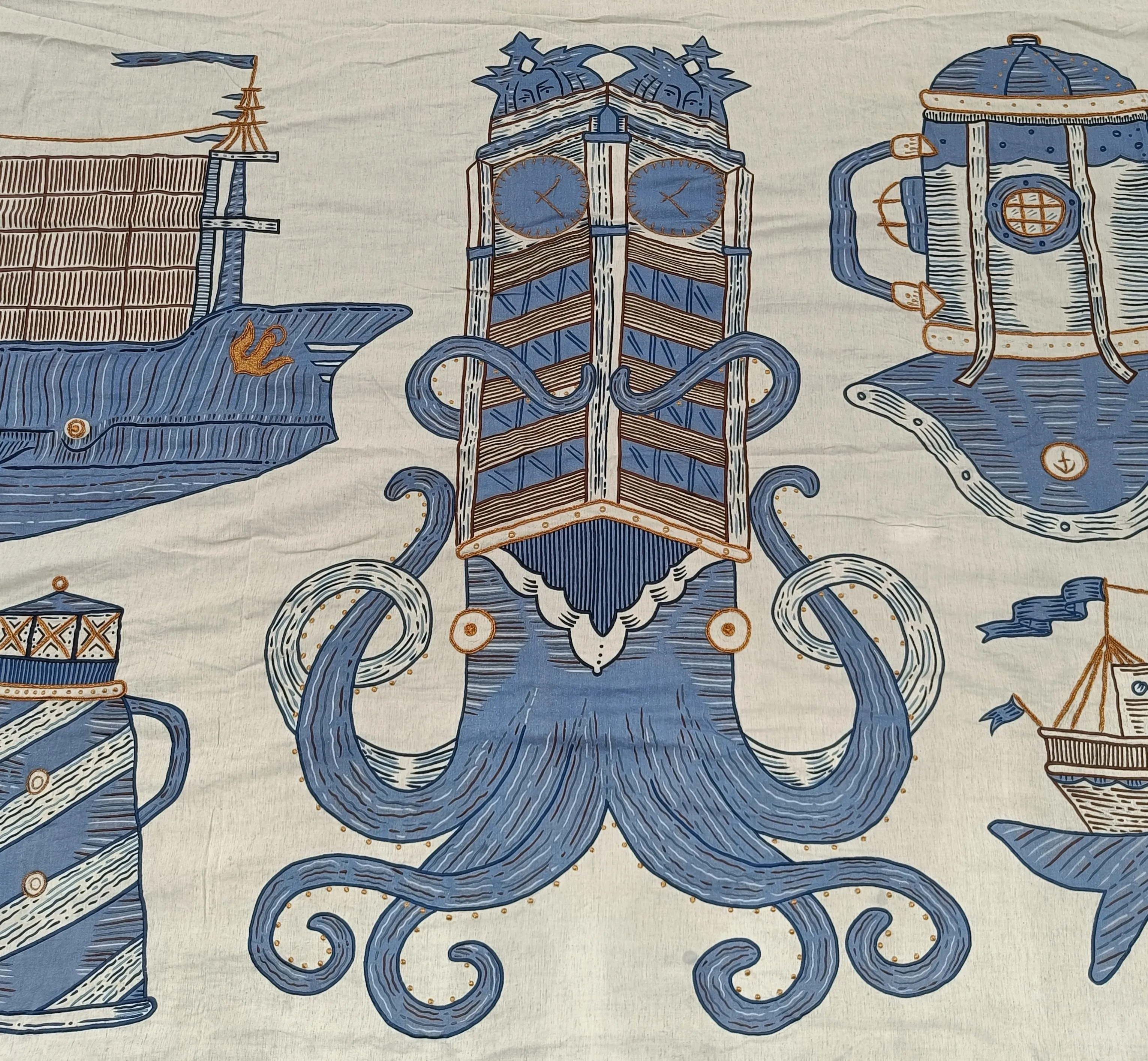 Detail of the embroidered wave installation at the Starbucks M2M jetty store
